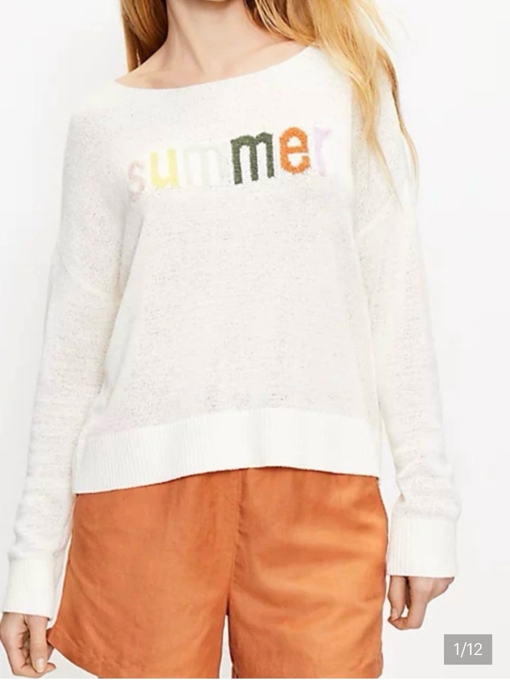 LOFT Lightweight 'Summer' Multi Color Graphic Crewneck Sweater, Cream, FLAWED